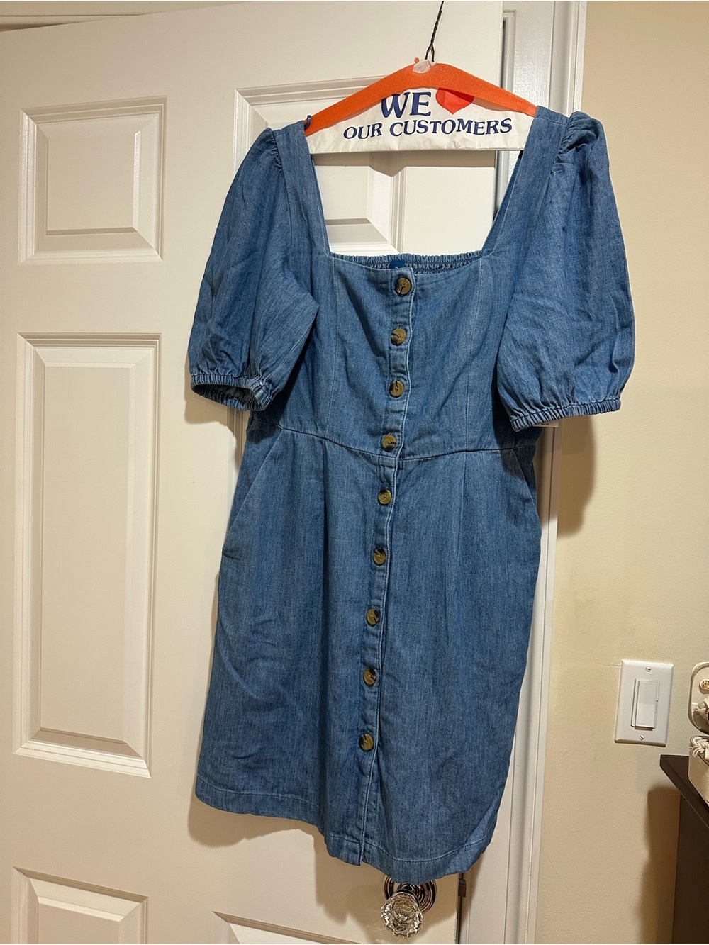 Women's Blue Denim Button-Front Puff Sleeve Dress